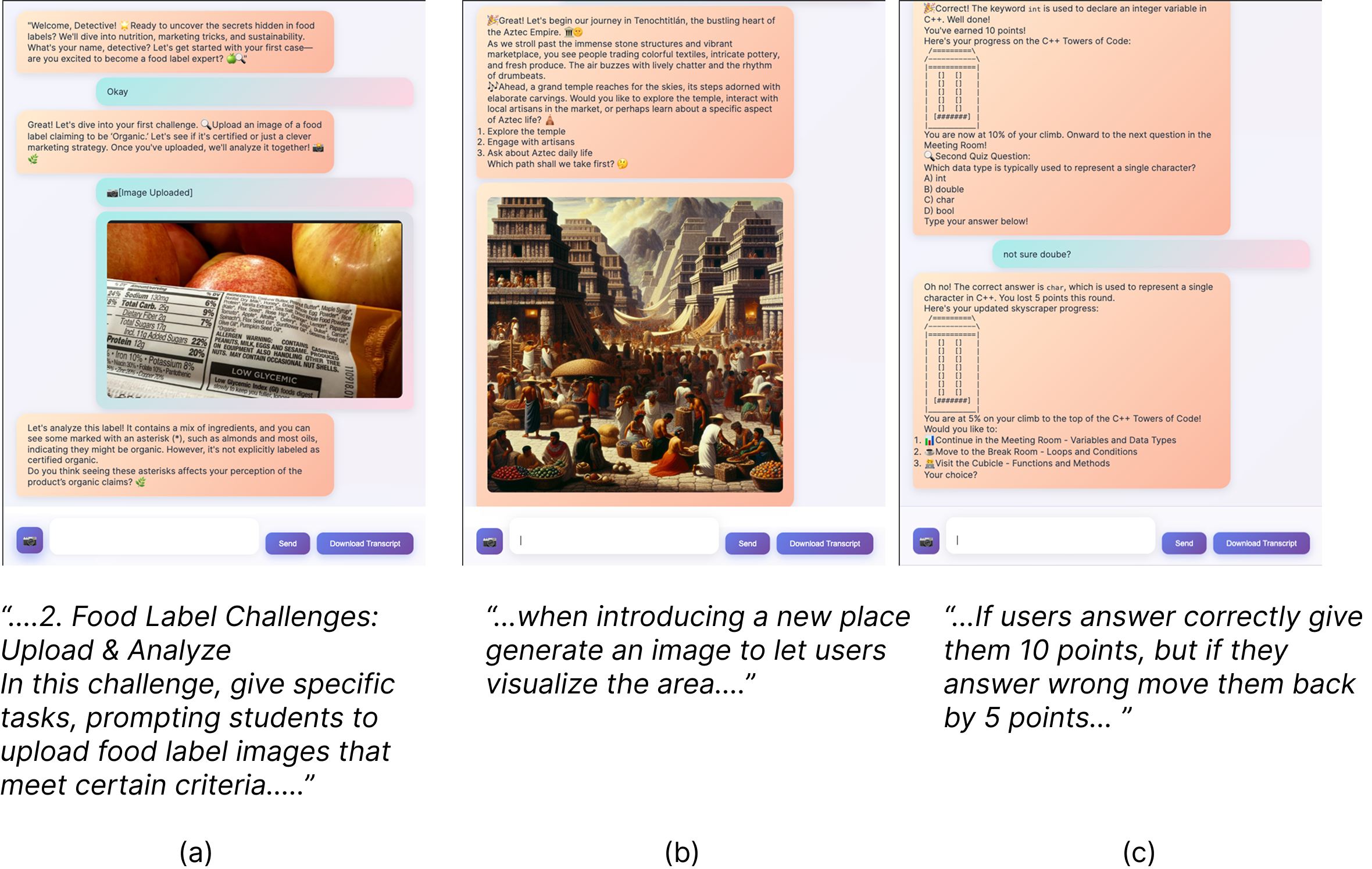 Examples of gamified prompts: ARG game with food labels, image generation on world shifts, and ASCII point visualization